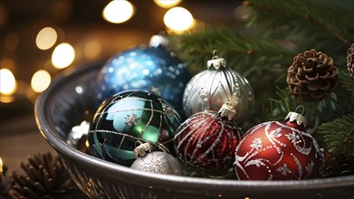 Christmas tree ornaments in a bowl, featuring a mix of glass baubles, pine cones, and fairy lights,