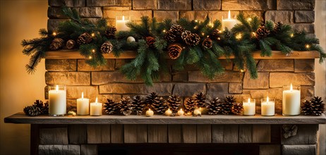 A cozy fireplace mantle decorated with pine cones, garlands, and lit candles, with a close-up focus