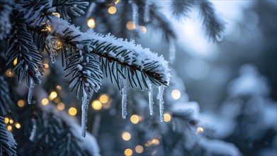 Detailed shot of frosted pine branches with twinkling fairy lights and icicles hanging, creating a