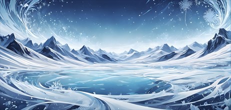 Abstract illustration of dreamy, icy landscape with swirling blues, whites, and silvers, evoking