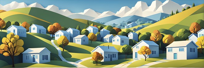 Landscape set in paper art style featuring houses tucked between verdant trees and rolling hills,