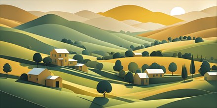 Landscape set in paper art style featuring houses tucked between verdant trees and rolling hills,