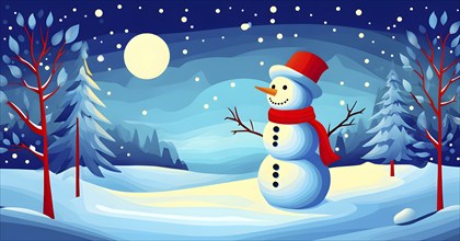 Abstract illustration of a snowman in an idyllic snowy winter landscape, hills and mountains and