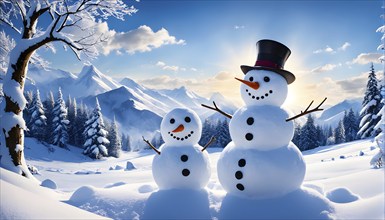 Abstract illustration of a snowman in an idyllic snowy winter landscape, hills and mountains and