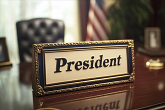 Desk sign with text 'President' on desk in office. Generative Ai, AI generated