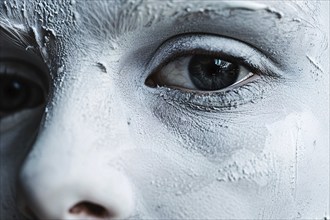 Close up of man's face with spooky pale white ghost Halloween costume face paint. Generative Ai, AI