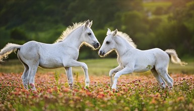 AI generated, Two young white foals playing on a flower meadow, Studio, AI generated