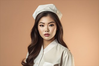 Portrait of young Asian woman in nurse costume for Halloween or Carnival. KI generiert, generiert