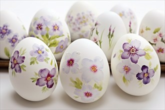 Easter eggs painted with delicate violet flowers. KI generiert, generiert AI generated