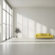 Minimalist living room with clean lines and neutral tones, featuring a modern yellow colored sofa,