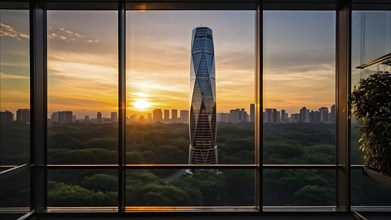 Office building with a full glass facade at golden hour, AI generated