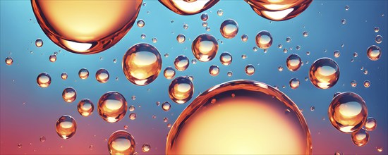 Illustration of oil and water bubbles floating serenely juxtaposed against a vivid background, AI