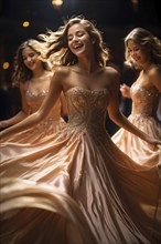 Group of teenage girls as they dance exuberantly in ornate evening gowns at a gala event, AI