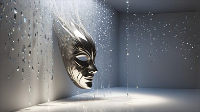 3d rendering of a mask adorned with tears suspended on a wall, AI generated