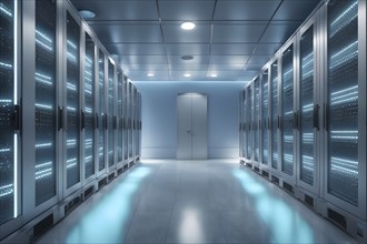 Modern server room teeming with racks of servers, AI generated