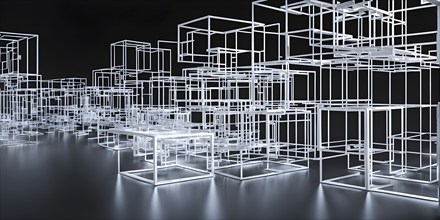 3d render of a cluster of interconnected geometric cubes forming a complex network, AI generated