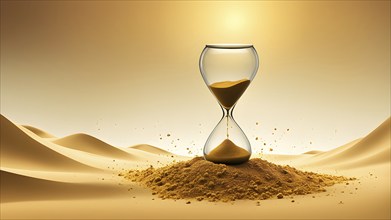 Minimalist hourglass illustration with abstract golden sand falling slowly, representing the