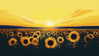 Abstract illustration of a field of sunflowers backlight with beautiful sunrise, AI generated