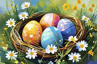 Illustration of of vibrant colored Easter eggs in a wicker basket, surrounded by delicate spring