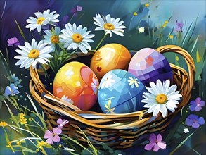 Illustration of of vibrant colored Easter eggs in a wicker basket, surrounded by delicate spring