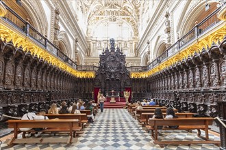 Impressive church interior with carved wooden choir benches and group of visitors, Cordoba