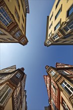 Four towers, ensemble of four historic buildings, view from bottom to top, Old Town, Koblenz,