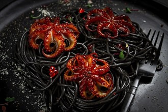 Black spaghetti with baby octopuses, homemade, no people