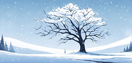 Abstract minimalist winter scene with a single, sharp silhouette of a snow-covered tree on a vast,