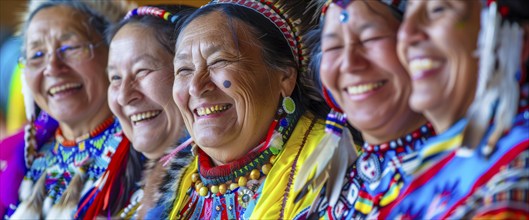 Smiling native indigenous people of Canada dressed in colorful native clothes, AI generated