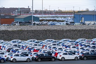 Emden, Cars waiting in the harbour for shipment, VW plant, East Frisia, Lower Saxony