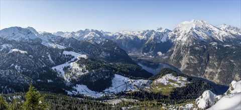 View of Königssee and Watzmann with snow in autumn, from the Jenner, Berchtesgaden National Park,