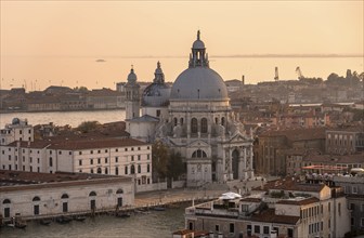 Basilica di Santa Maria della Salute on the Grand Canal at sunset, view from the Campanile di San