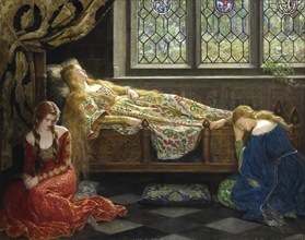 A woman sleeps on an ornately decorated bed while two other woman sit beside her. The sleeping