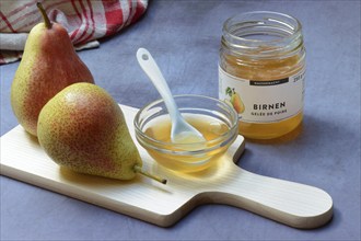 Pear jelly in peel and jar, pears