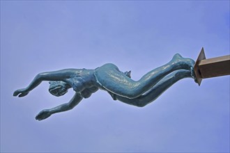 Sculpture Diver by Nicole Brousse over the river La Sorgue, blue, diver, woman, air, header, jump,