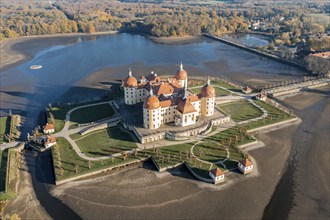 Aerial view of lake and castle Moritzburg near Dresden, autumn colors, Germany, Europe