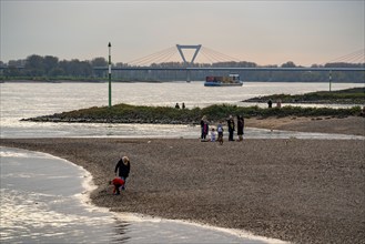 Walkers on the Rhine beach between Düsseldorf and Krefeld, container cargo ship, behind the airport