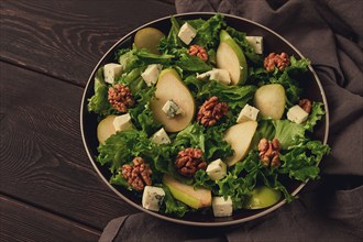 Keto Salad, pear with blue cheese and walnut, selective focus, no people, close-up