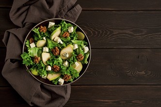 Keto Salad, pear with blue cheese and walnut, selective focus, no people, close-up