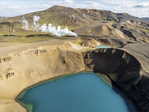 Aerial view of blue lake in the Viti volcano crater at Krafla power plant, Myvatn region, Iceland,