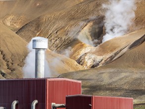 Krafla power plant, pipelines, geothermal energy, Myvatn region, Iceland, Europe