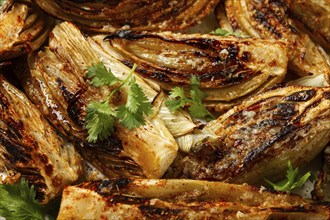 Baked, oven-baked fennel, with spices, in olive oil, homemade, no people