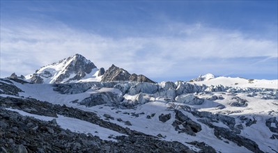 High alpine mountain landscape, summit of the Aiguille de Chardonnet and Glacier du Tour, glaciers