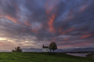 Small chapel, tree, lake, cloudy mood, sunset, Aidling, Riegsee, Murnau, Bavaria, Germany, Europe