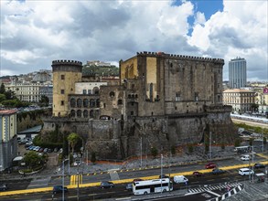 Castel Nuovo from a drone, Naples, Campania, Italy, Europe