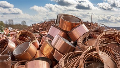 Material, metal, copper, a large amount of copper metal waste on a stockpile for recycling