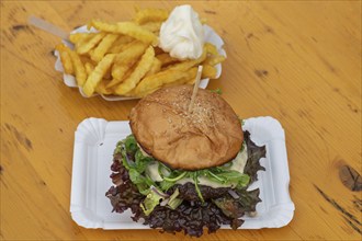 Big Mac and French fries with mayonnaise, on a wooden table, Bavaria, Germany, Europe