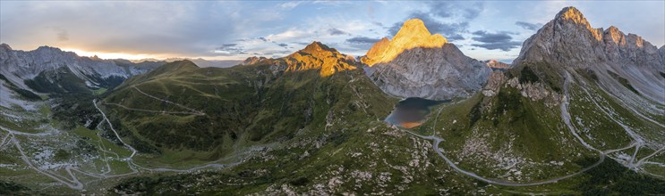 Alpine panorama, Hohe Warte and Wolayersee, sunset in the mountains, aerial view, Carnic Alps,