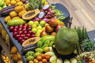 Exotic fruits, lychee, jackfruit, dragon fruit, mango and citrus fruits presented on a table,