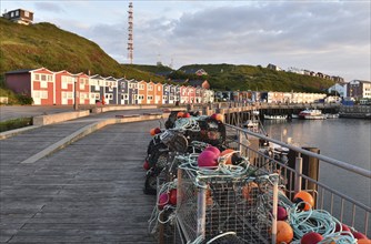 Lobster shacks and fishing nets, fishing buoys, fishing equipment in Heligoland,